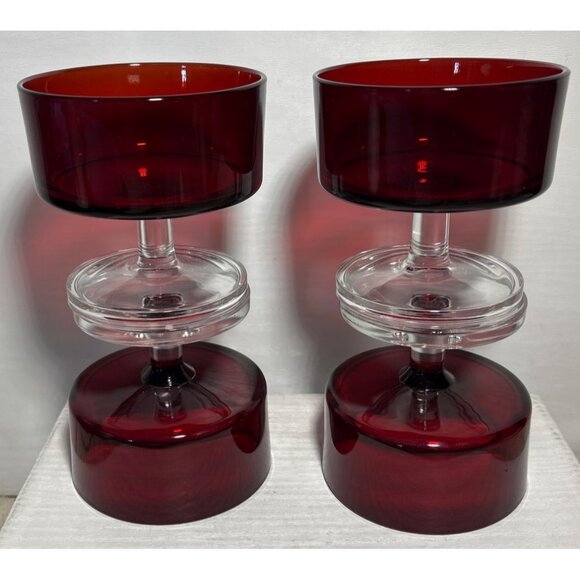 4 Vintage Ruby Red Glass Dessert Sherbet Bowls With Clear Pedestal Base France - Picture 4 of 14
